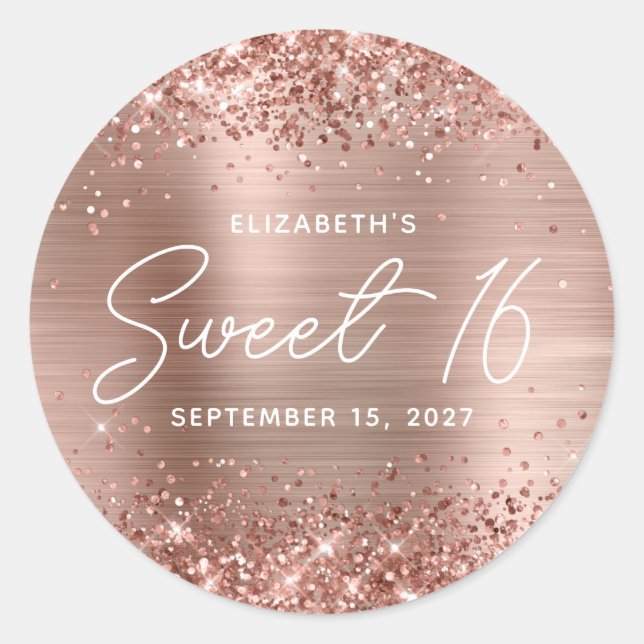 Sticker Rond Rose Gold Pailleté Glam Moderne Écriture Douce 16 (Devant)