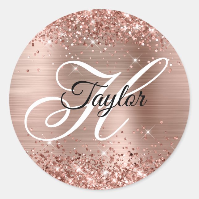 Sticker Rond Rose Gold Pailleté Monogramme Fantaisie (Devant)