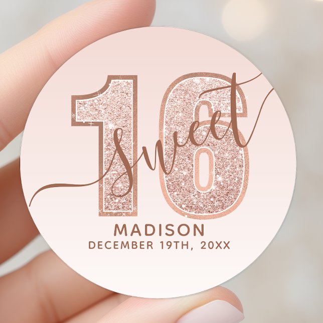 Sticker Rond Rose Gold Pailleté Script Anniversaire 16 Ans (Créateur téléchargé)