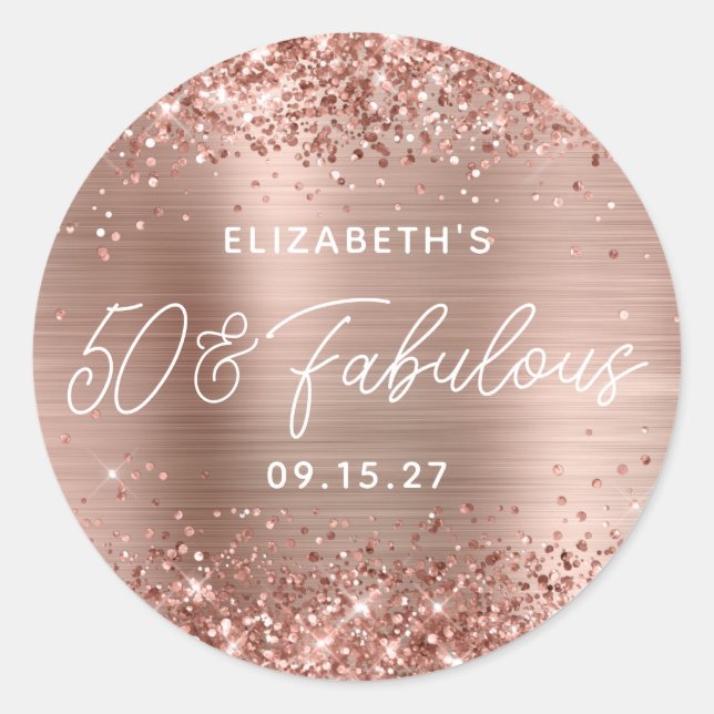 Sticker Rond Rose Gold Pailletés Glam Moderne Script 50 & Fabul (Devant)