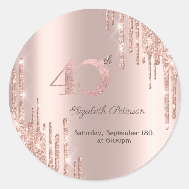 Sticker Rond Rose Gold Parties scintillant Drips 40e fête d'ann (Devant)