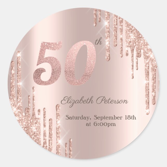Sticker Rond Rose Gold Parties scintillant Drips 50e fête d'ann (Devant)