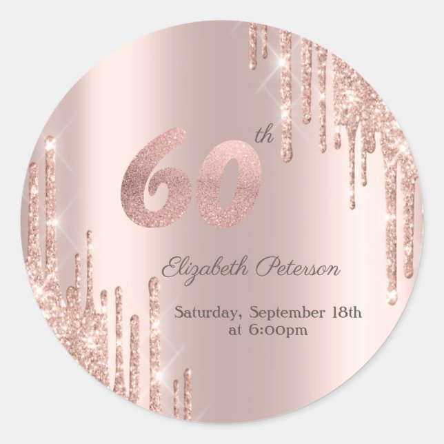 Sticker Rond Rose Gold Parties scintillant Drips 60e fête d'ann (Devant)