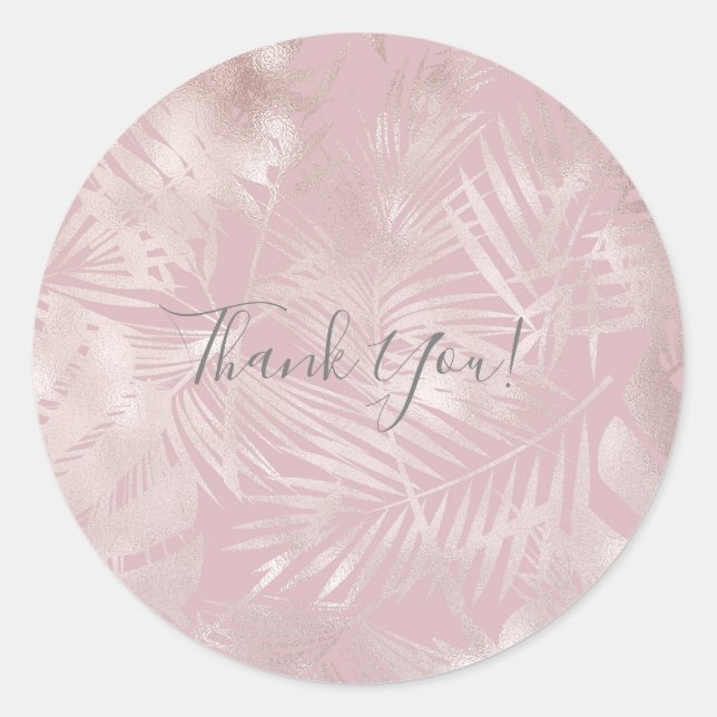 Sticker Rond Rose Gold Pink Botanique Feuilles De Palmier Tropi (Devant)