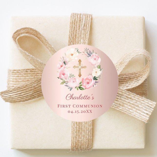 Sticker Rond Rose gold pink floral wreath First Communion (Créateur téléchargé)