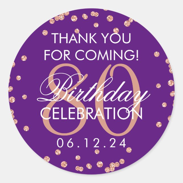 Sticker Rond Rose Gold Purple 80e anniversaire Merci Parties sc (Devant)