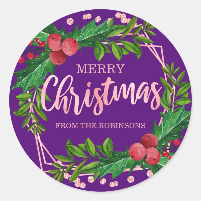 Sticker Rond Rose Gold Purple Famille Noël Holly Parties scinti (Devant)