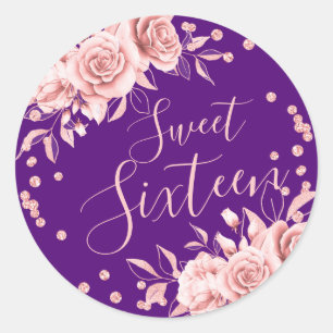 Sticker Rond Rose Gold Purple Sweet 16 Birthday Floral Parties 