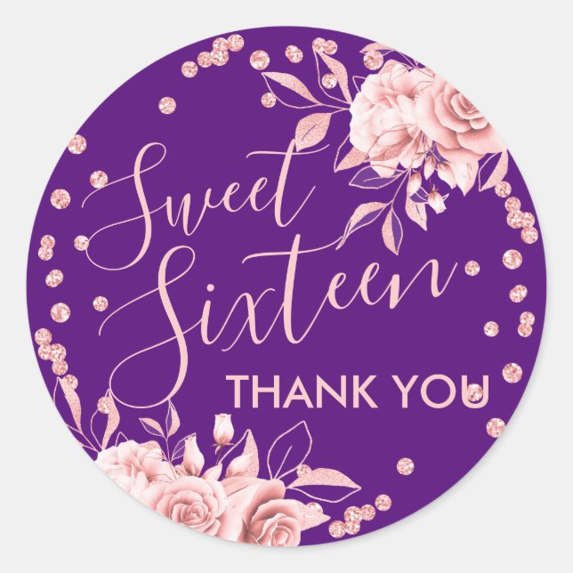 Sticker Rond Rose Gold Purple Sweet 16 Merci Parties scintillan (Devant)