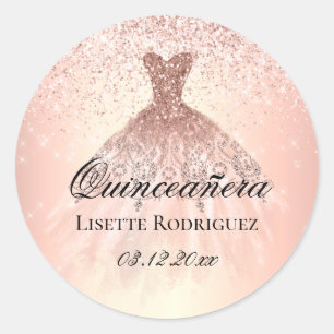 Sticker Rond Rose Gold Quinceanera Personnalisé