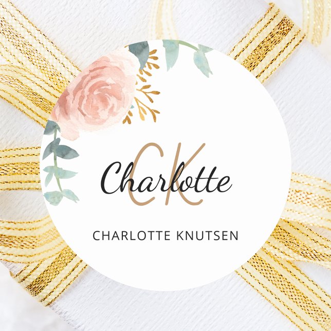 Sticker Rond Rose gold rose floral greenery nom monogramme (Créateur téléchargé)