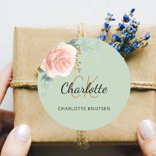 Sticker Rond Rose gold rose floral vert sauge merci
