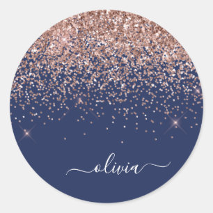 Sticker Rond Rose Gold Rose Glitter Monogram Bleu Marine