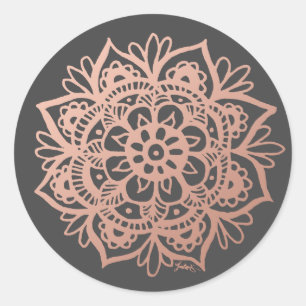 Sticker Rond Rose Gold Rose Mandala sur Gris