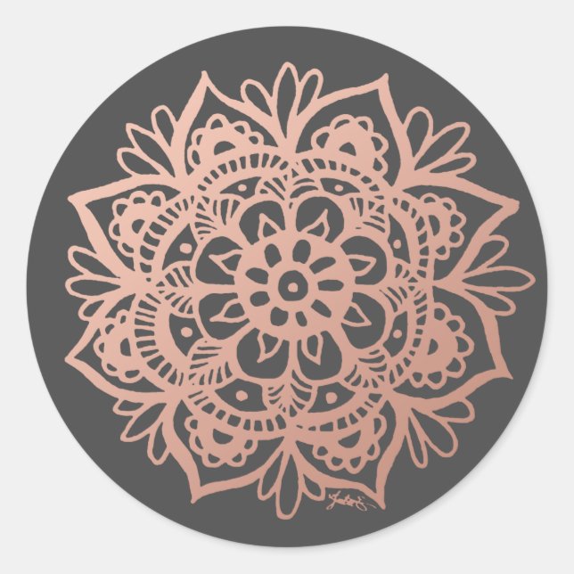 Sticker Rond Rose Gold Rose Mandala sur Gris (Devant)