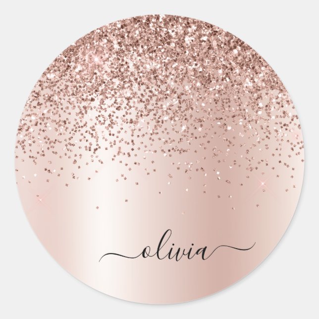 Sticker Rond Rose Gold - Rose Pâle Pailleté Monogramme Nom (Devant)