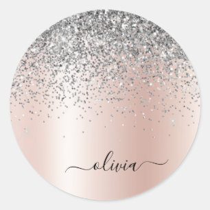 Sticker Rond Rose Gold - Rose Pâle Pailleur Argent Monogramme