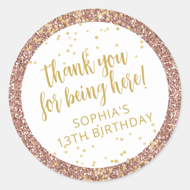Sticker Rond Rose Gold rose Parties scintillant Merci Anniversa (Devant)