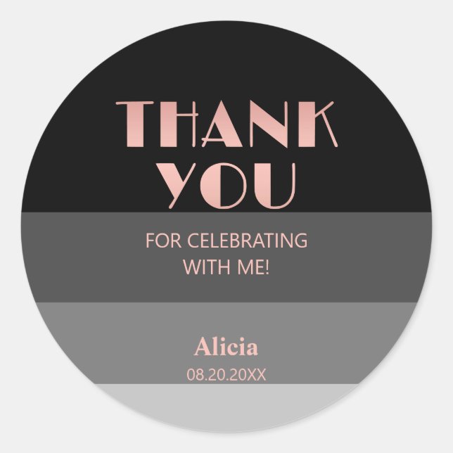 Sticker Rond Rose Gold Script Gris noir rayures Anniversaire (Devant)
