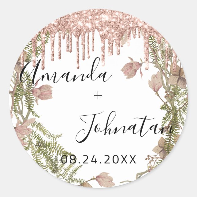 Sticker Rond Rose Gold Simplement Nom Date Floral Dégoulinant B (Devant)