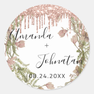 Sticker Rond Rose Gold Simplement Nom Date Floral Dégoulinant B