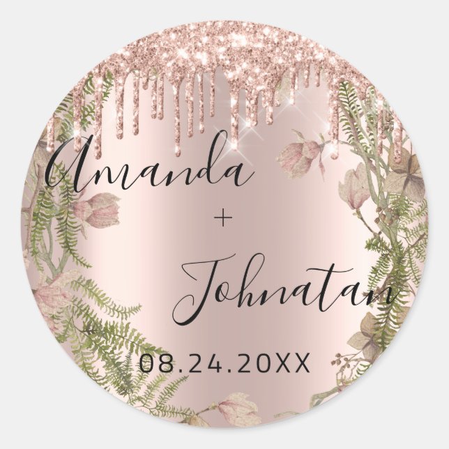 Sticker Rond Rose Gold Simplement Nom Date Florales Gouttes (Devant)