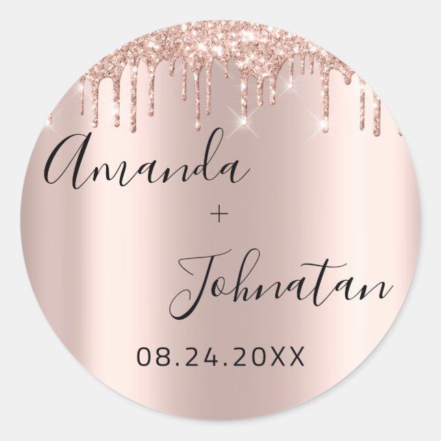 Sticker Rond Rose Gold Simplement Nom Date Gouttes Noires (Devant)
