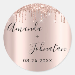 Sticker Rond Rose Gold Simplement Nom Date Gouttes Noires