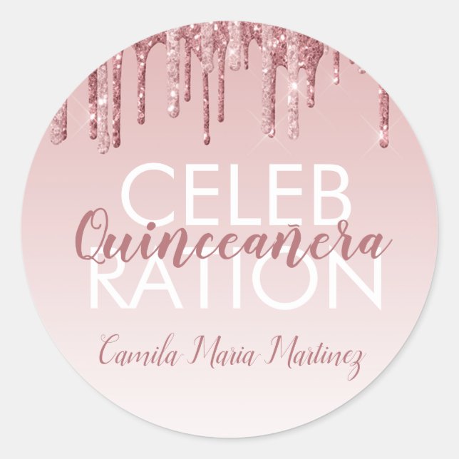 Sticker Rond Rose Gold Sparkle Parties scintillant Quinceanera  (Devant)
