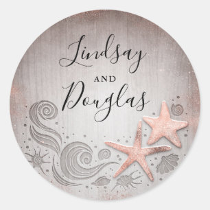 Sticker Rond Rose Gold Starfish Nautical Beach Mariage