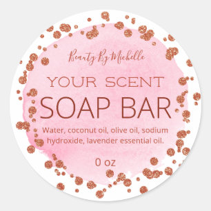 Sticker Rond Rose Gold sur les points rose et blanc Soap Bar Ét