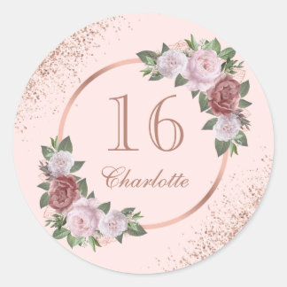 Sticker Rond Rose Gold Sweet 16 Anniversaire Fleurs Rose Clair