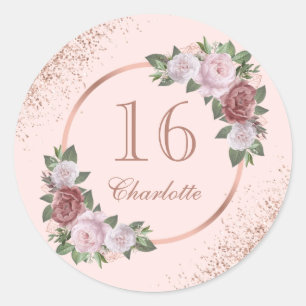 Sticker Rond Rose Gold Sweet 16 Anniversaire Fleurs Roses