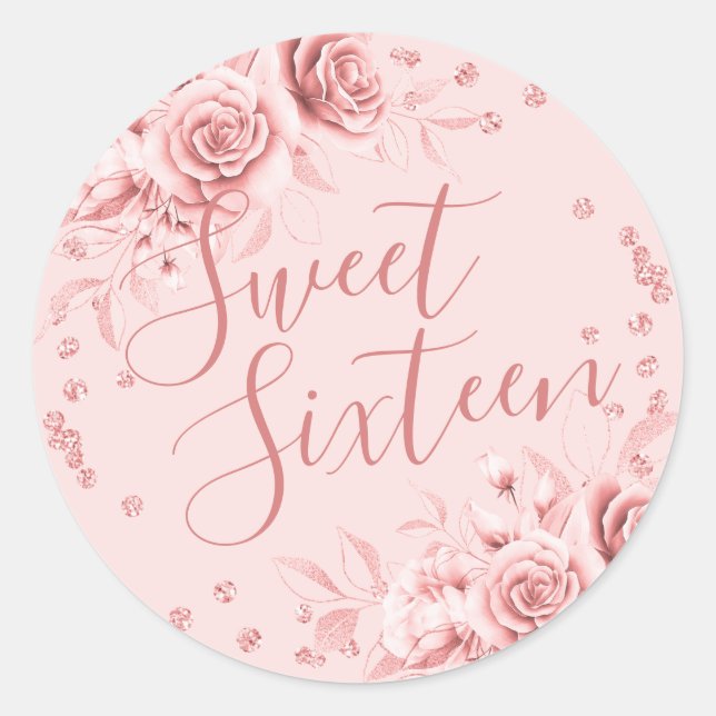 Sticker Rond Rose Gold Sweet 16 Anniversaire Parties scintillan (Devant)
