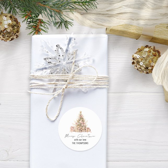 Sticker Rond Rose Gold Tree Nom Joyeux Noël (Créateur téléchargé)