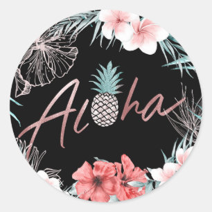 Sticker Rond Rose Gold Tropical Pineapple Botanique Aloha Luau