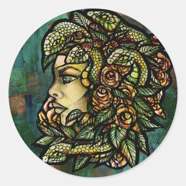 Sticker Rond Rose Gorgon de serpents de Medusa verte (Devant)