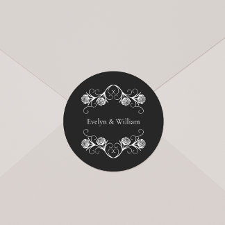 Sticker Rond Rose gothique moderne tournoie Mariage noir et bla