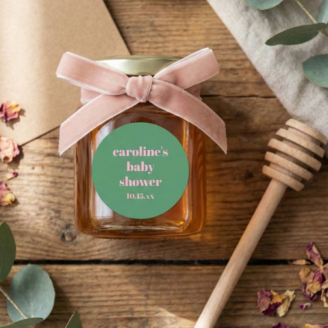 Sticker Rond Rose gras vert moderne amusant Baby Shower personn (Créateur téléchargé)