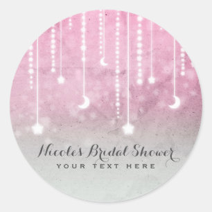 Sticker Rond Rose Gris Blanc Lune & Étoiles Baby shower céleste