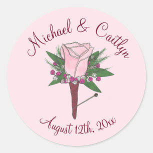 Sticker Rond Rose Groom Boutonniere Mariage Enregistrer la date