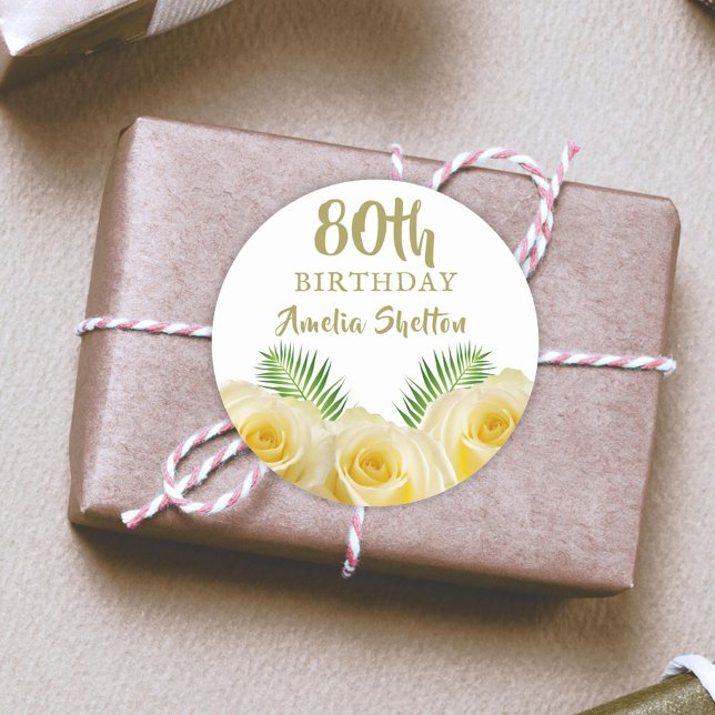 Sticker Rond Rose jaune et fleurs Feuilles 80e anniversaire (Créateur téléchargé)
