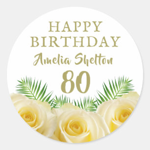 Sticker Rond Rose jaune et fleurs Feuilles 80e anniversaire