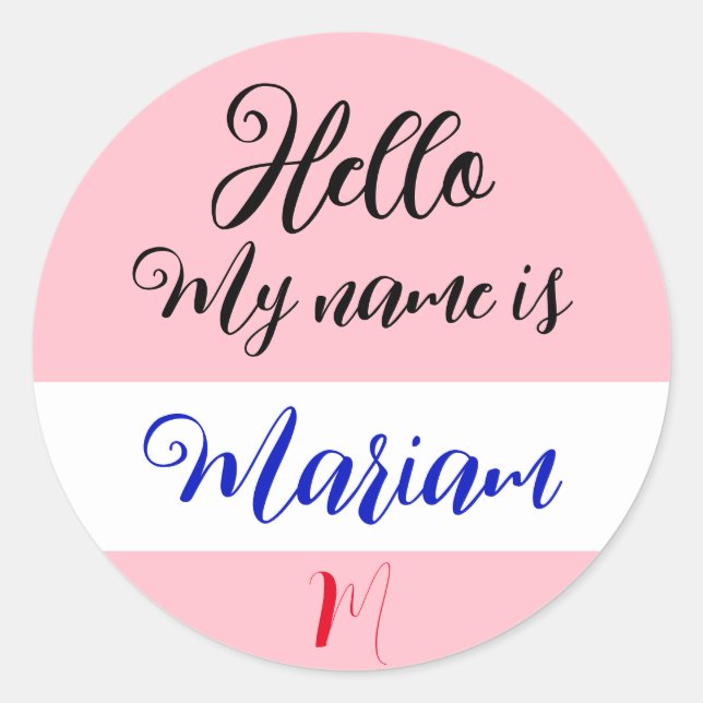 Sticker Rond Rose (Lettre initiale & Nom) Bonjour, je m'appelle (Devant)