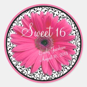 Sticker Rond Rose marguerite Noir Blanc Floral Sweet 16 Anniver