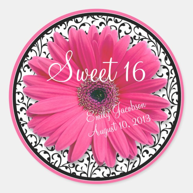 Sticker Rond Rose marguerite Noir Blanc Floral Sweet 16 Anniver (Devant)