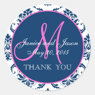 Sticker Rond Rose, Mariage damassé Bleu Favoriser le Merci