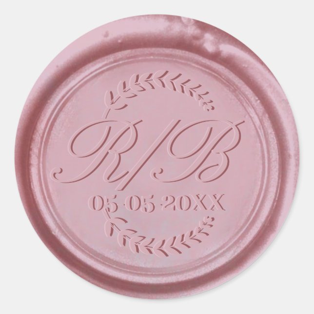 Sticker Rond Rose Mariage or Monogramme feuille botanique (Devant)