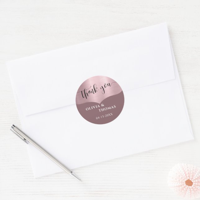 Sticker Rond Rose métallique chic Gold Script Mariage Merci (Enveloppe)