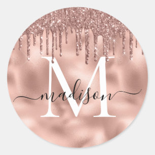 Sticker Rond Rose métallique Monogramme Parties scintillant ro